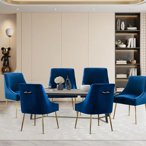 Vista 8 de Juego de 2 sillas de comedor de terciopelo, sillas de comedor tapizadas con patas de metal dorado pulido, sillas auxiliares de cocina de granja, Azul