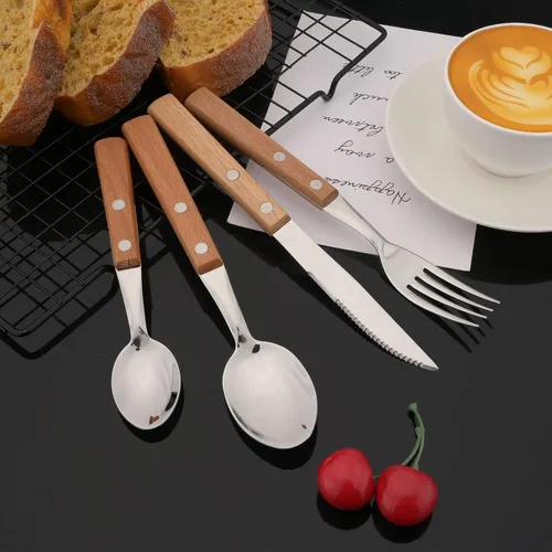 Vista 8 de JASHII Juego de cubiertos de mango de madera, servicio para 6 personas, juego de cubiertos de acero inoxidable SUS304 de 24 piezas con mango