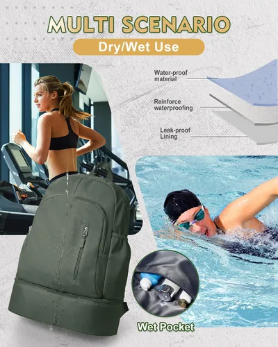Vista 5 de Mochila de gimnasio para mujeres y hombres, bolsa de gimnasio ligera con compartimento para zapatos, mochila deportiva impermeable con bolsillo