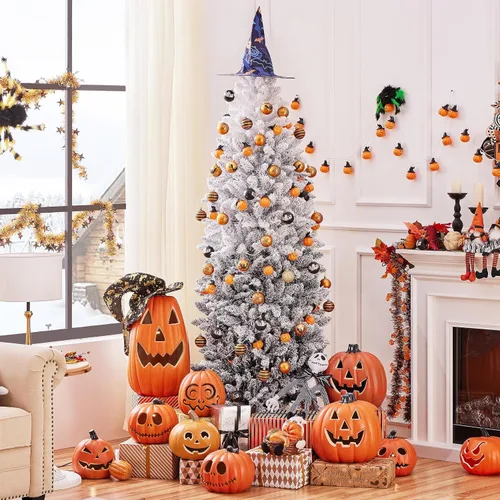 Vista 6 de Yaheetech Árbol de Navidad de Abeto Tipo Lápiz Preiluminado con Nieve Artificial de 6 pies con Bisagras, Árbol de Navidad Delgado para Esquina Negro