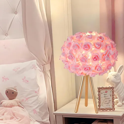 Vista 18 de ZYLEISENBAO Lámpara de Flor de Rosa Rosa Romántica Lámpara de Mesita de Noche Princesa Lámpara de Mesa de Flor para Mesita de Noche Luz de Rosado