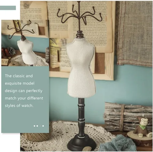 Vista 4 de DOITOOL Wooden Retro Jewelry Holder Organizer with Mannequin Design, Necklace Display Stand and Earring Tree for Home Desktop Storage and Decorative