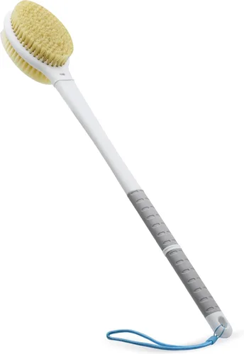 Vista 10 de Cepillo de ducha con cerdas suaves y rígidas, mango largo de 18.5" de doble cara, cepillo de baño para la espalda, exfoliador corporal para Azul