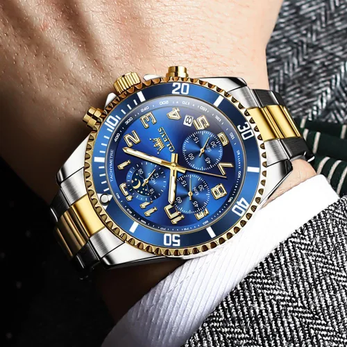 Vista 2 de OLEVS Reloj cronógrafo para hombre, vestido de lujo, acero inoxidable, impermeable, para hombre, fase lunar, calendario luminoso, de negocios
