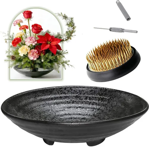 Vista 8 de Kit de jarrón Ikebana - Juego de cuenco de rana floral, jarrón de cerámica de inspiración japonesa con rana floral metálica, cuenco soporte de tallo