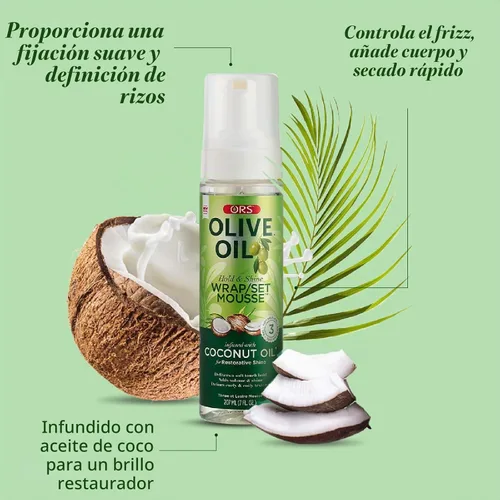 Vista 4 de ORS Set de envoltura de aceite de oliva Hold & Shine Mousse infundida con aceite de coco para un brillo reparador, 7 onzas