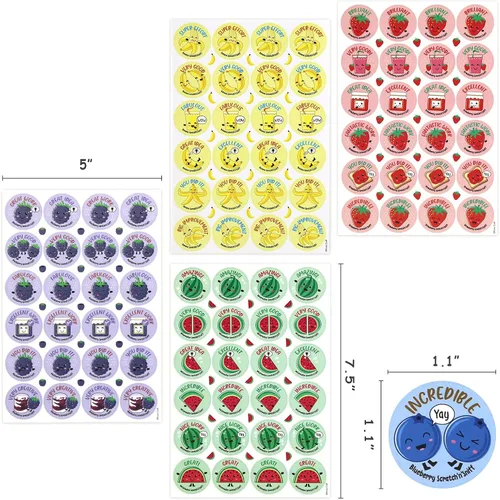 Vista 3 de Calcomanías para rascar y oler – 864 piezas, 12 aromas diferentes, 36 hojas – Calcomanías de recompensa para niños, profesores, padres