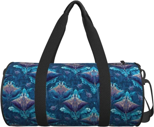 Vista 6 de Large Duffle Bag for Travel - Retro Blue Manta Ray Print Gym Bag for Women Men, Travel Foldable Bags for Women Men with Zippered Multiple Pockets