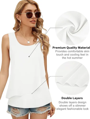 Vista 3 de Messic Camiseta sin mangas para mujer, de doble capa, de gasa, casual, tipo túnica