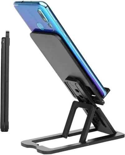 Vista 2 de Soporte para teléfono celular y tablet para escritorio, delgado y totalmente plegable con ángulo y altura ajustables, resistente y ligero