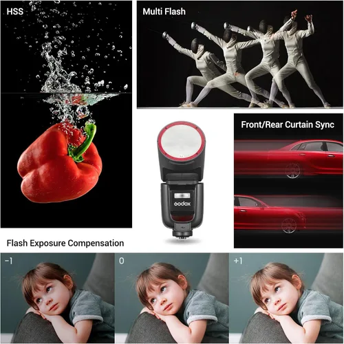 Vista 9 de GODOX V1 Pro F Flash para Fuji, 2.4G TTL Flash de cámara de cabeza redonda para Fujifilm HSS 1/8000s, batería de iones de litio de carga USB-C, 500