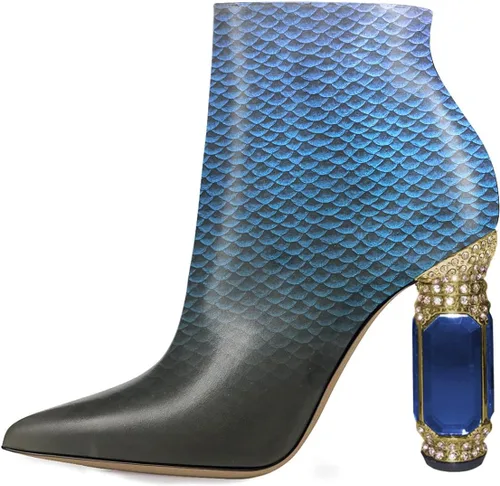 Vista 87 de FSJ Botas de tacón alto con punta puntiaguda para mujer, con tacón alto, con cremallera lateral brillante, estilo casual, para uso diario, zapatos