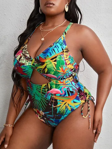 Vista 3 de WDIRARA Traje de baño de una pieza con estampado floral y cordón para mujer, talla grande