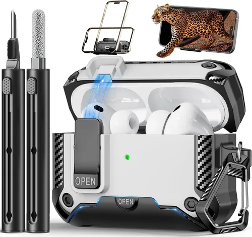 Vista 27 de Funda para AirPods Pro de 2ª Generación con Soporte para Teléfono, Protección Completa contra Caídas con Diseño de Interruptor Automático a Presión