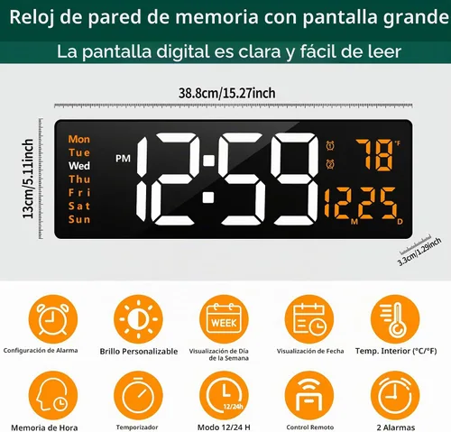 Vista 2 de LEIKE Reloj de pared digital grande de 16 pulgadas, control remoto, 2 alarmas, pantalla LED, DST automático, reloj de luz nocturna moderno de Reloj