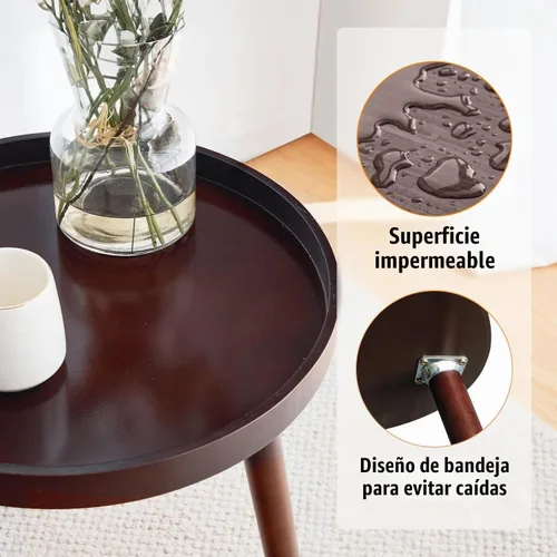 Vista 5 de Apicizon - Mesa auxiliar redonda, mesa auxiliar marrón con patas de madera