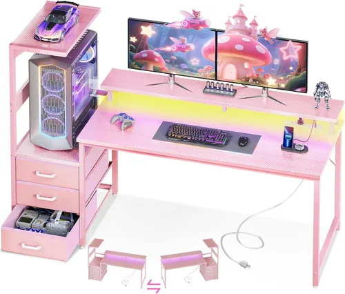 Vista 13 de AODK Escritorio para juegos de 52 pulgadas con puertos de carga USB y luz LED, escritorio reversible para computadora con estantes de almacenamiento