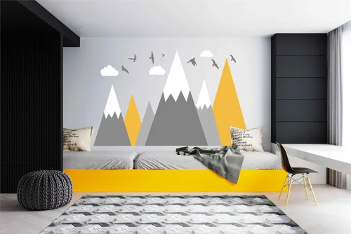 Vista 2 de Vinilo adhesivo de pared de montaña, para habitación de bebé, guardería, tema de aventura, pájaros nubes, BA972 (color 1 amarillo, 71 x 43 pulgadas)