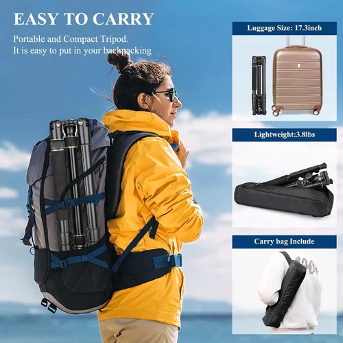 Vista 5 de Trípodes de aluminio de 77" para cámara y monópodos, trípode compacto de viaje Victiv para cámara DSLR, visor de observación, telescopio, Dorado