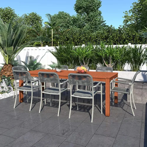 Vista 3 de Amazonia Mónaco - Juego de mesa de comedor rectangular de 9 piezas para exteriores, madera de eucalipto, ideal para patio e interior, acabado
