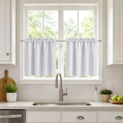 Vista 15 de Aquazolax Half Window Curtains 24 Inch Length, 28" Wide Rod Pocket Small Window Treatment for Kitchen, Bathroom, Camper, Beige, 2 Panels Set
