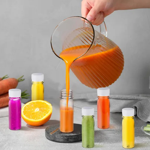 Vista 6 de FoldTier 100 botellas de plástico para chupitos de jugo con tapas, botellas pequeñas de chupitos de jengibre transparentes para líquidos, tarros