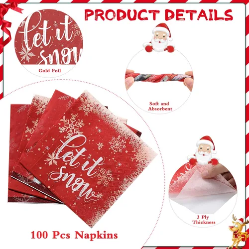 Vista 3 de Faccito 100 servilletas de papel de muñeco de nieve de Navidad, servilletas de cóctel de copo de nieve de invierno, servilletas de bebidas rojas