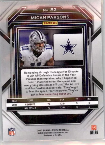 Vista 2 de 2022 Panini Prizm Football #82 Micah Parsons Dallas Cowboys Official NFL Trading Card (Stock Photo shown, card is in Near Mint to Mint Condition)
