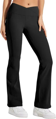 Vista 2 de Willit Pantalones con forro polar para mujer, leggings cruzados para yoga, corte de bota, pantalones térmicos de invierno, leggings acampanados