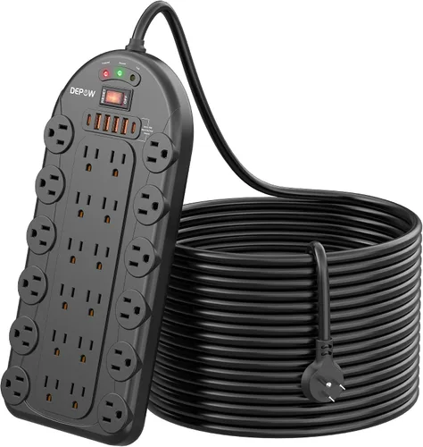 Vista 9 de DEPOW Regleta protectora contra sobretensiones de 6.5 pies con 24 salidas de CA (1875 W/15 A), 6 USB (2 puertos USB-C), 3,400 julios, cable de Negro