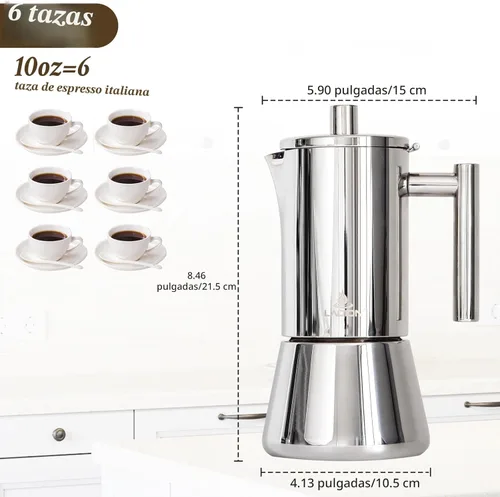 Vista 2 de LAOION Cafetera de Espresso para Estufa, Olla Moka de 6 Tazas 10 oz, Cafetera Cubana y Italiana de Acero Inoxidable para Cafetera Cubana, Compatible