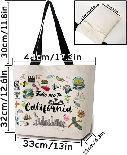 Vista 4 de Take Me To California - Bolsa reutilizable para comestibles, bolsa de compras estética con bolsillo interior, ligera y lavable, elegante, regalo