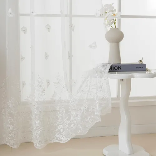 Vista 55 de VISIONTEX 2 paneles de cortinas traslúcidas de 63 in de largo, cortinas de gasa semitransparentes bordadas con hojas florales beige, bolsillo