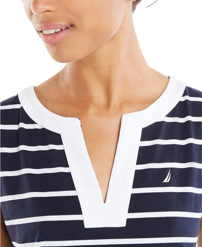 Vista 4 de Nautica Vestido tipo polo de algodón elástico con cuello en V y rayas bretonas para mujer