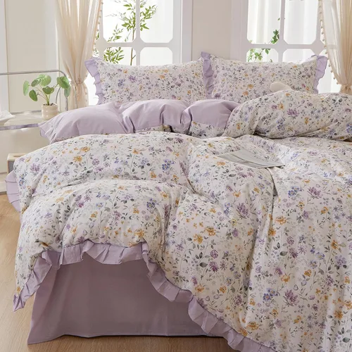 Vista 28 de Juego de funda de edredón blanca con estampado floral azul, juego de ropa de cama de algodón suave estilo bohemio, juego de ropa de cama estética