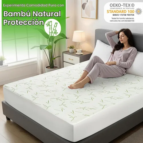 Vista 2 de Hannah Linen Protector de colchón de bambú, 100% impermeable, funda de colchón individual – Funda de colchón de bolsillo profundo ajustable de hasta