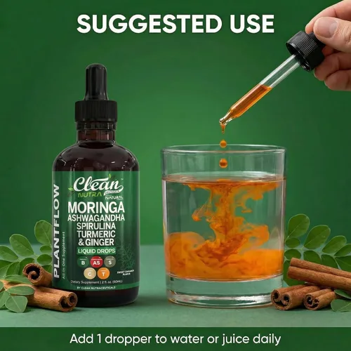 Vista 6 de Clean Nutra Moringa Suplemento Gotas Ashwagandha Spirulina Chlorella Cúrcuma y Jengibre Líquido Cebada Hierba con Clorofila Algas Azul Verde