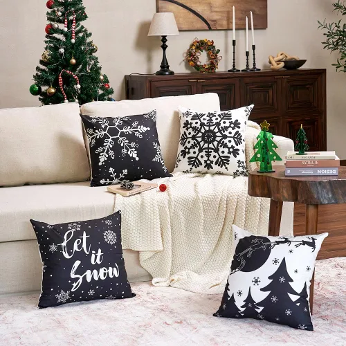 Vista 9 de JOJOGOGO Fundas de almohada de Navidad en blanco y negro 18x18, juego de 4, fundas de almohada decorativas de invierno con copos de nieve para sofá