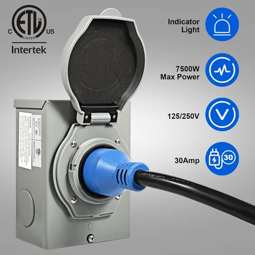 Vista 5 de Cable de generador de 30 amperios y caja de entrada de energía, cables de generador de 30 amperios de 4.5 metros, cable de alimentación de generador