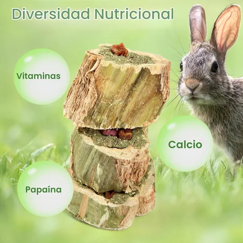 Vista 4 de Abizoo Juguetes masticables de conejo para conejo, madera de papaya natural, golosinas masticables con heno de alfalfa orgánica, zanahoria seca