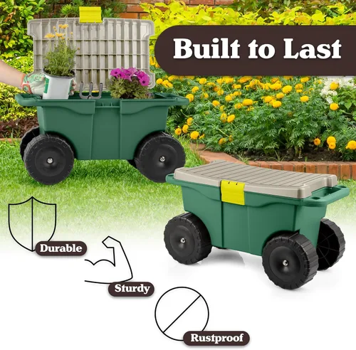 Vista 6 de Pure Garden - Carrito de jardín rodante con asiento, almacenamiento de plástico con banco y bandeja interior de herramientas, taburete de jardinería