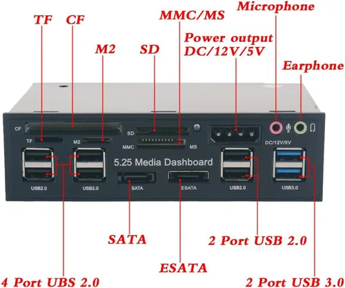 Vista 3 de Generic T-SIDAKE 5.25 pulgadas PC Multifuncional Tablero de Medios de Medios de Audio Panel Frontal, con SATA e-SATA Dual USB 3.0 6 Puertos USB 2.0