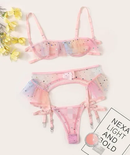 Vista 6 de LilosySexyUnderwireCuteSheerKawaiiGarterBeltLingerieSetBraandPanty3Piece