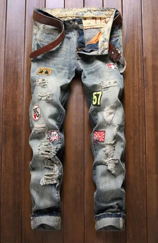 Vista 3 de Jeans rasgados de moda para hombre con parches