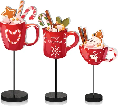Vista 7 de Geetery 3 piezas de decoración de mesa de dulces de Navidad rojo y verde, centros de mesa de Navidad, letreros de madera, decoración de mesa