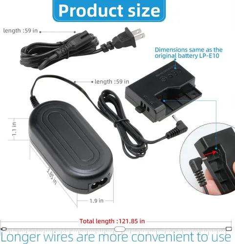 Vista 5 de Glorich ACK-E10 Adaptador de corriente CA DR-E10 Acoplador DC LP-E10 Kit de fuente de alimentación de batería ficticia para cámaras Canon EOS 1100D