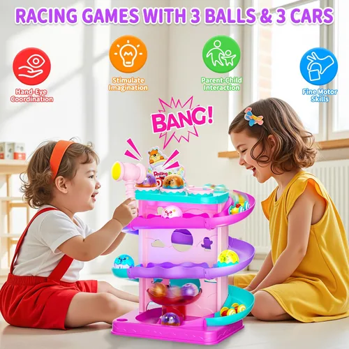 Vista 4 de Funwee Pista de bola rodante y coche de carreras de 2 en 1 para niños pequeños, pista de carreras con luz martillo y bola de caída, juego