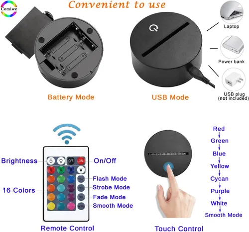 Vista 4 de Luz nocturna de ilusión 3D de fútbol, 16 colores regulables, lámpara de noche LED con control táctil y remoto, USB y alimentada por batería