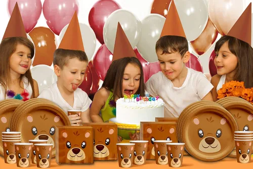 Vista 7 de Juego de suministros para fiesta de cumpleaños de Oso, juego de platos, servilletas, vasos, kit de vajilla para 16