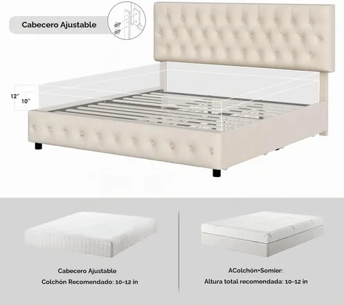 Vista 9 de Marco de cama tapizado moderno con 4 cajones de almacenamiento, diseño de cabecera con botones, soporte de listones de madera maciza, fácil montaje